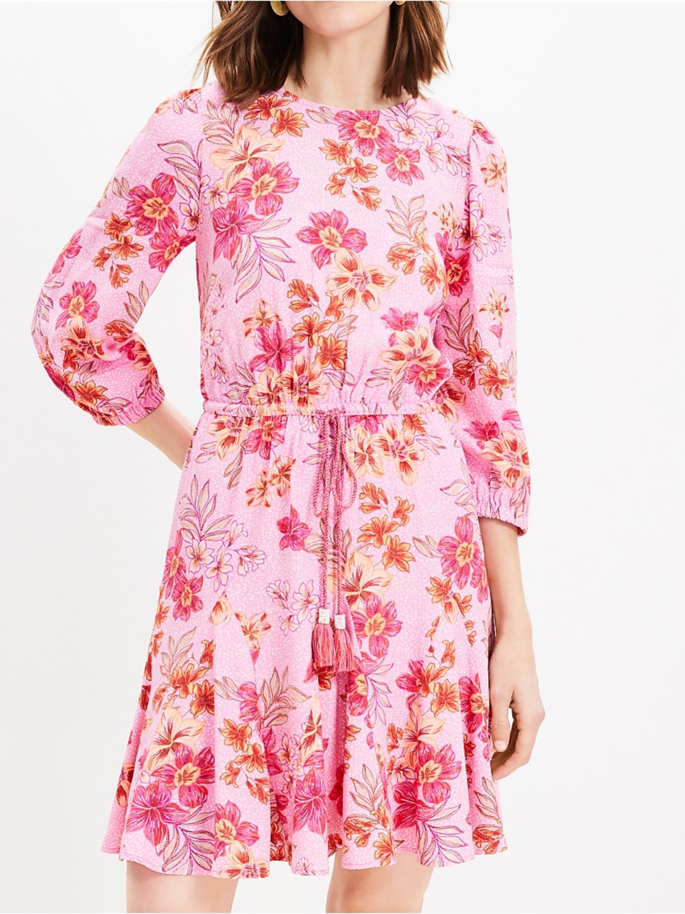 LOFT Lily Godet Puff Sleeve pink floral mini dress size M